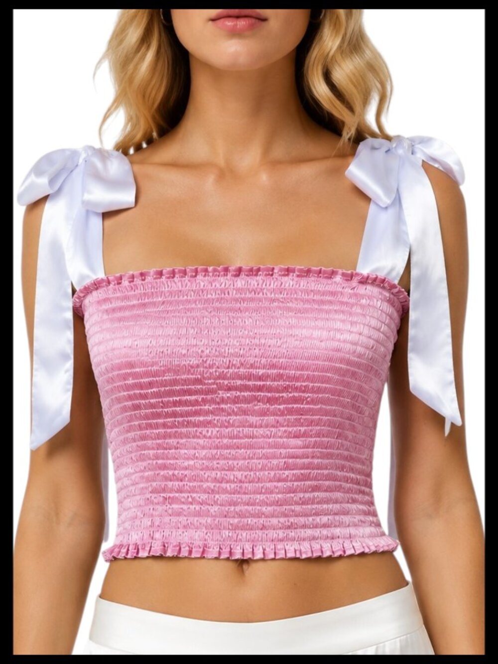 KOCH Cece Pink White Smocked Crop Top Bow Tie Straps XS